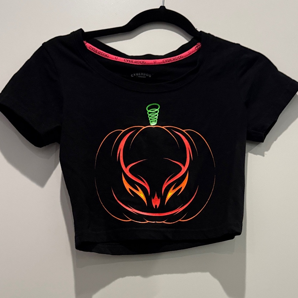 Cyberdog Black Crop Top with Neon Pumpkin Design